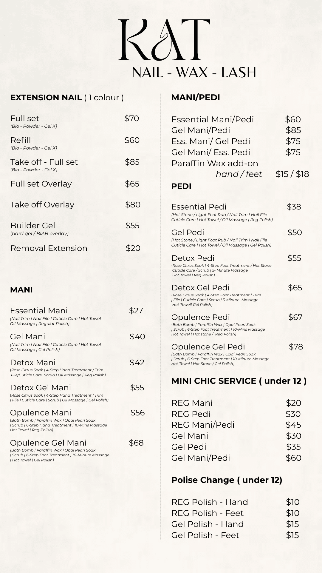 Kat Nail Studio Menu Page 1